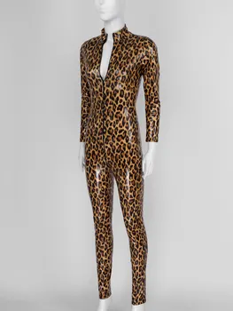 Noua Sexy Leopard de Imprimare Salopete Wetlook Faux din Piele Catsuit din PVC Latex Bodysuit Clubwear Fetish Erotic Fierbinte Dans Pol Costum Imagine 5