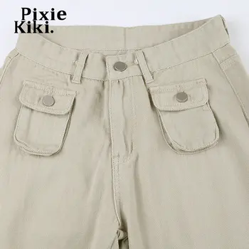 PixieKiki Y2k Streetwear Low Rise Jeans pentru Femei Pantaloni Stil coreean Multi-buzunar de Încărcături Kaki Pantaloni din Denim P67-EG48 Imagine 5