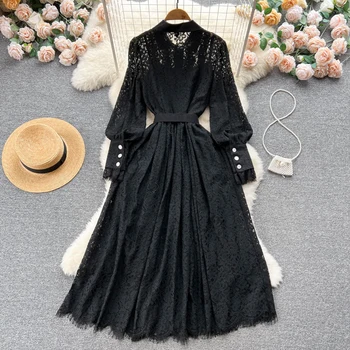 Primăvara Femei Dantelă rochie camasa cu curea Negru de Mari dimensiuni Felinar maneca Maxi Rochie 2023 Haine de Vară Streetwear INKEO 2D164 Imagine 5