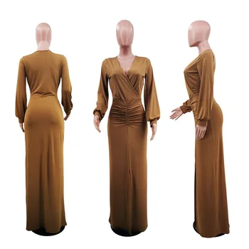 produse vrac en-gros de îmbrăcăminte 2022 nou toamna toamna elegante, rochie de petrecere podea cu maneci lungi v-neck maxi rochii pentru femei Imagine 5