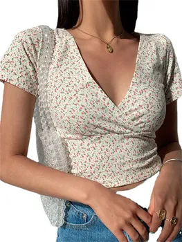 Vara francez de Epocă Florale V-neck cu mânecă Scurtă T-shirt Doamnelor Slăbire Sălbatice de Talie Mare Trunchiate tricou Femei Top LR2319 Imagine 5