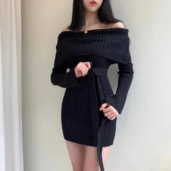 YUZACDWX Coreea de Chic, Sexy Ori Slash Gât Pulover Maneca Lunga Rochie Mini Rochii Tricotate Bandaj Subțire Talie Femei Vestidos Imagine 5