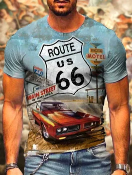 Clasic 66 T-Shirt pentru Bărbați Supradimensionate Liber 3d Digitale de Imprimare T-Shirt Retro Litere Cămașă cu Mânecă Scurtă, O-Neck de Vară pentru Bărbați Imagine 4